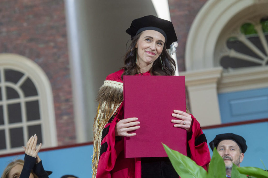 New Zealand Prime Minister Jacinda Ardern spoke on hot-button issues at Harvard University. (Image: @Harvard Twitter)