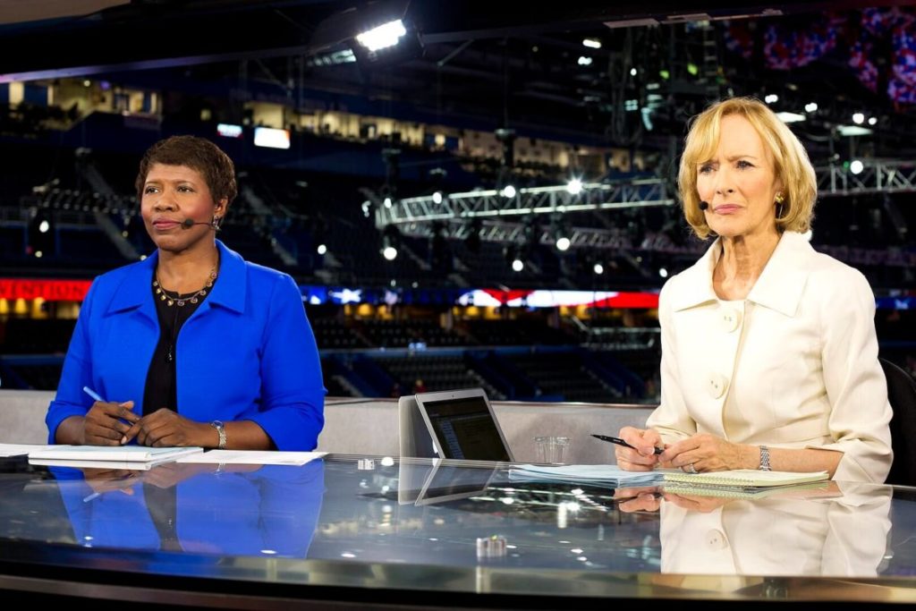 Judy Woodruff, right, and Gwn Ifill, who died in 2016, made history as the first women to co-anchor a nightly news show.  (Credit: Wikimedia)